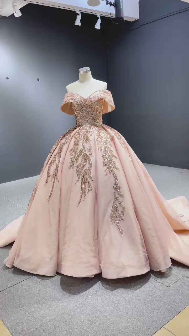 TW308 15 Quinceañera Sweetheart Off Shoulder Lace Up Back Embroidery Sequined Customized Pink Luxury Long Dress