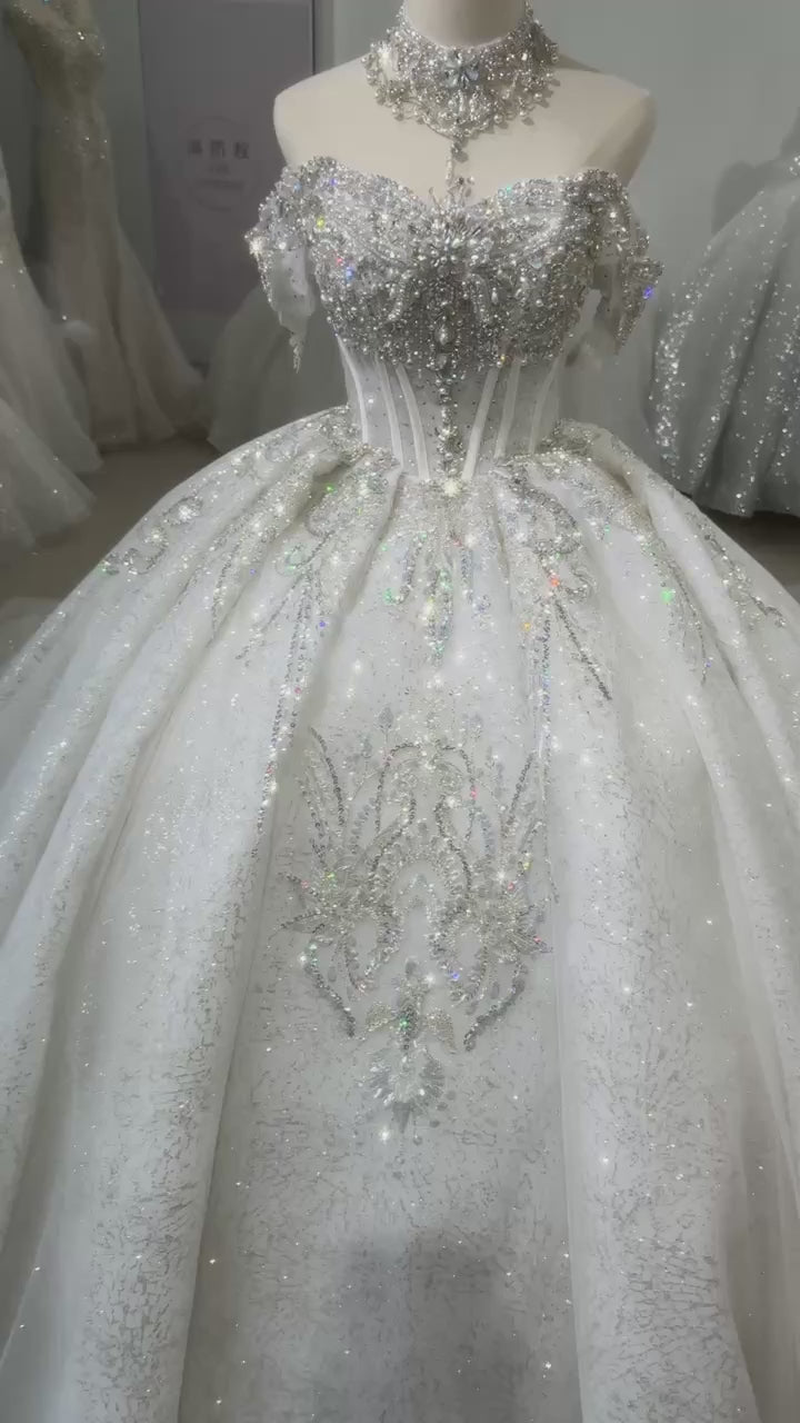 TW136 Civil Wedding Dress Sleeveless Off Shoulder Lace Up Back Wedding Dress Beading Sequined Crystal Ball Gown Bridal Dress