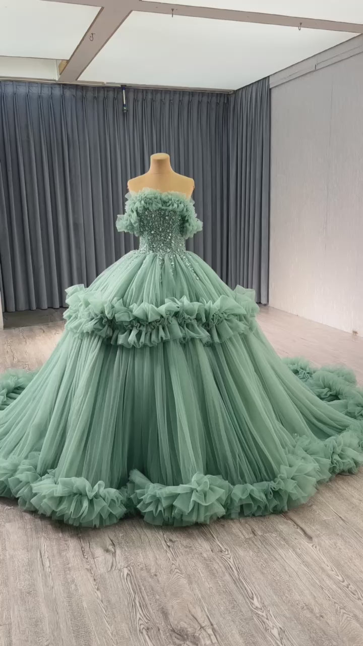 TW455 Green Strapless Quinceanera Dress With Lace-Up Back Sequined Beading Customized Luxury Party Gown For Girls