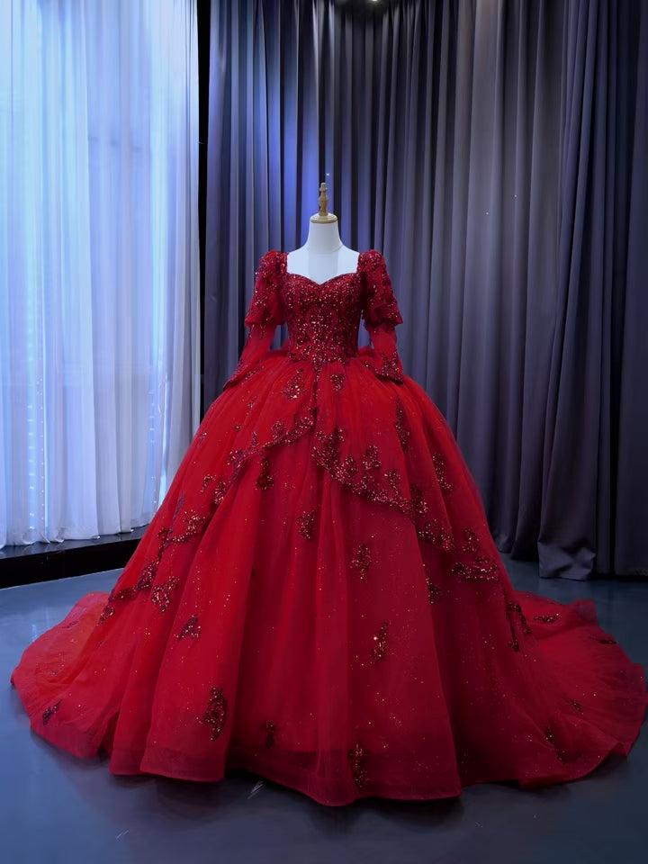 TW564 Red Sweetheart Quinceanera Dress With Long Sleeves Lace-Up Back Sequined Bow - Customizable Prom Dress