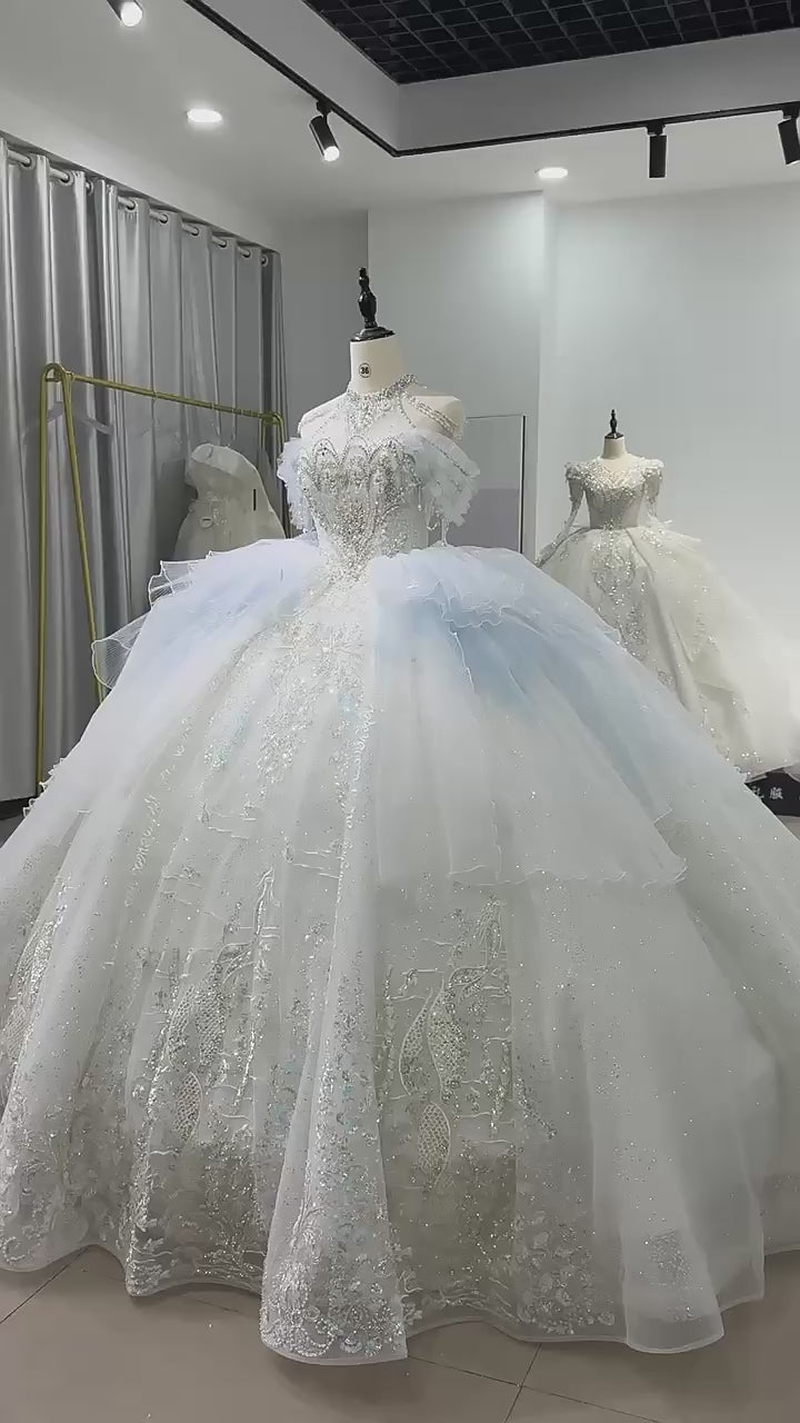 TW175 Vestido De Bodas Novia Blue Ball Gown Beading Sequined Wedding Dress Halter Off Shoulder Lace Up Back Wedding Dress