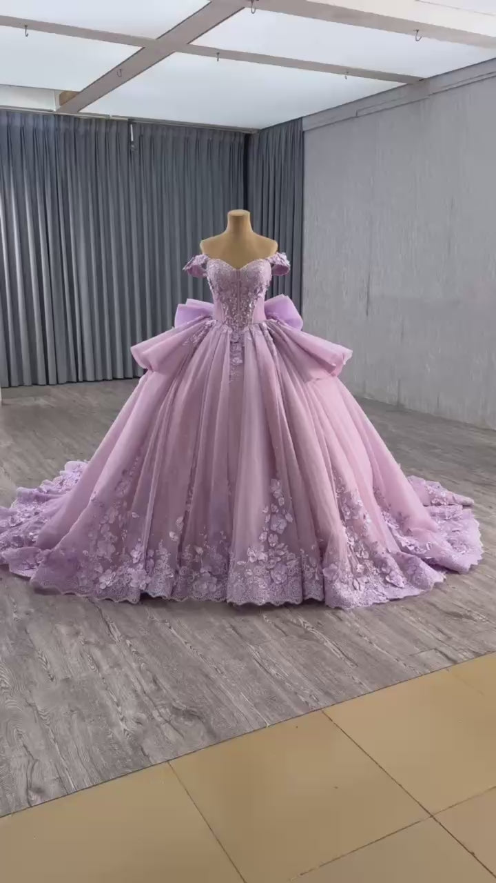 TW559 Purple Princess Dress For 15 Quinceanera Sweetheart Off-Shoulder Lace-Up Back Bow Beading Appliques Crystal Detail