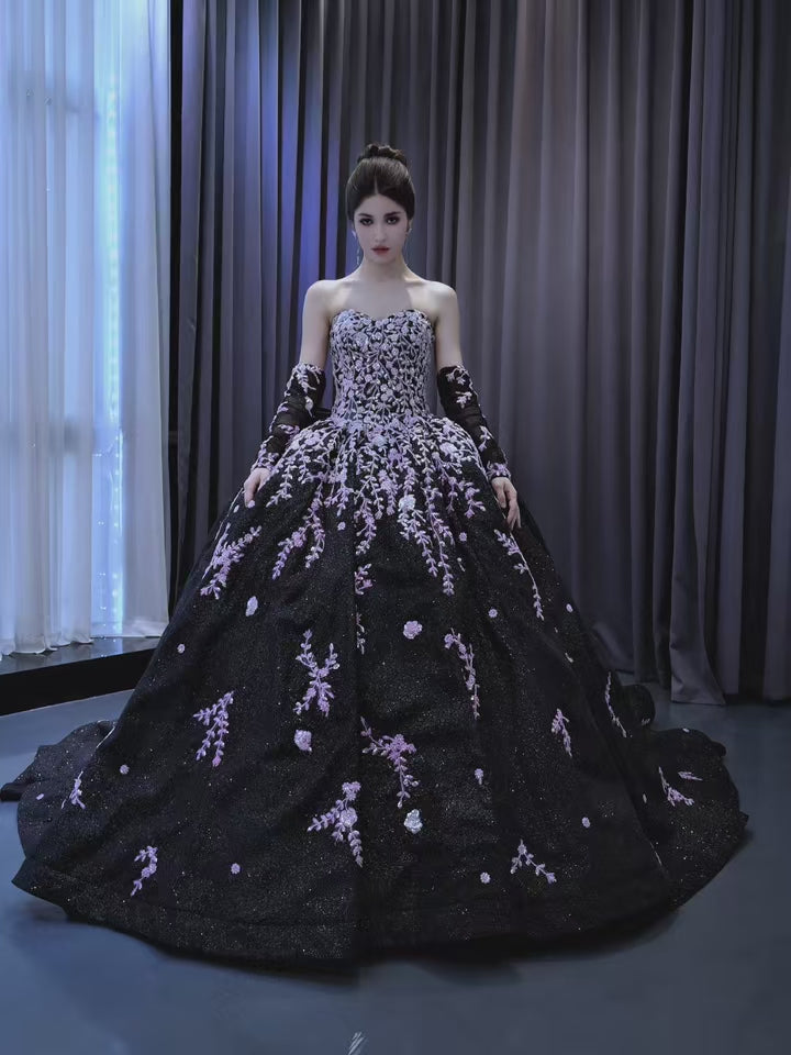 TW349 Vestidos Para Quinceañera Sweetheart Lace Up Back Beading Embroidery Bow Customized Black Luxury Long Dress