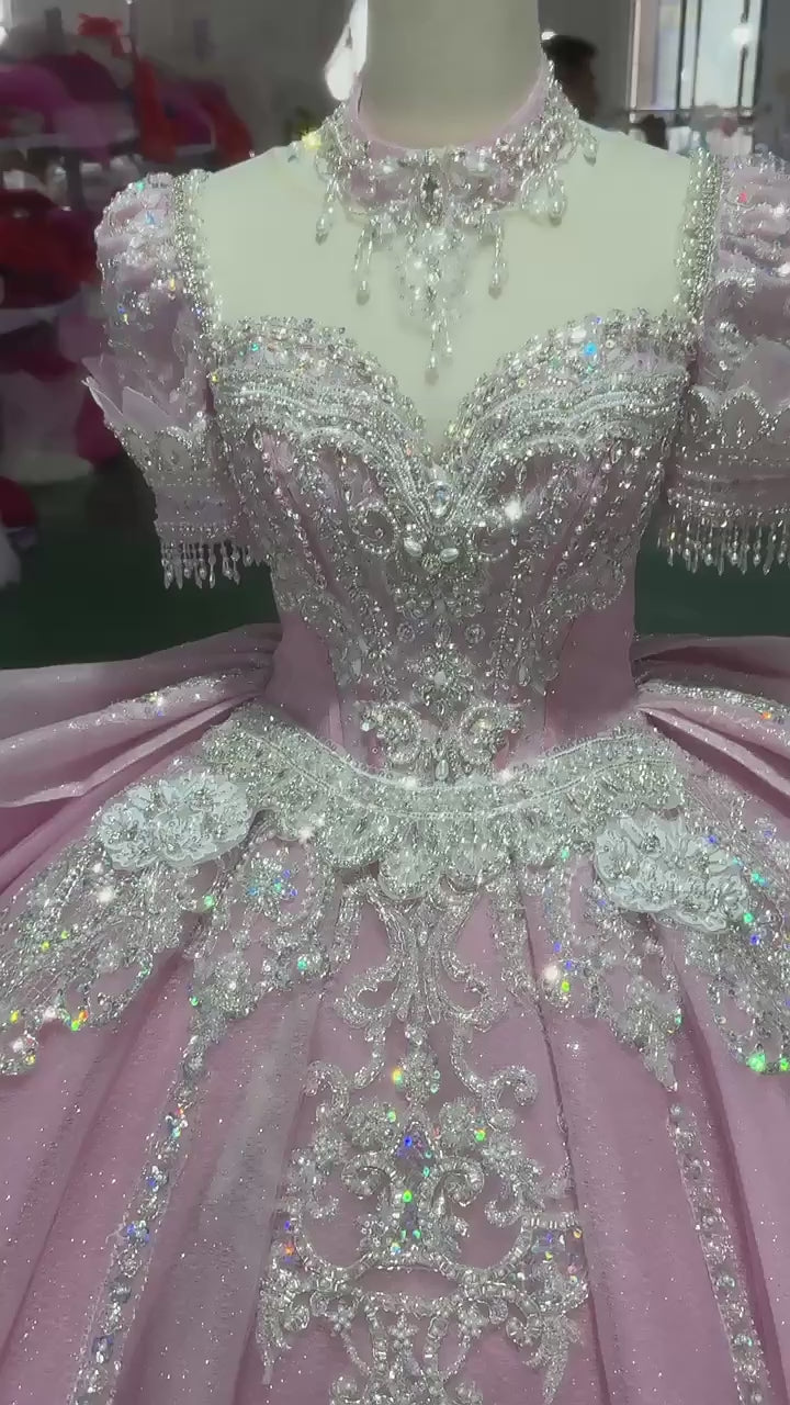 TW252 Women Evening Dresses Short Sleeve O-Neck Crystal Embroidery Beaded Keyhole Back Pink Long Dresses For Special Occasions
