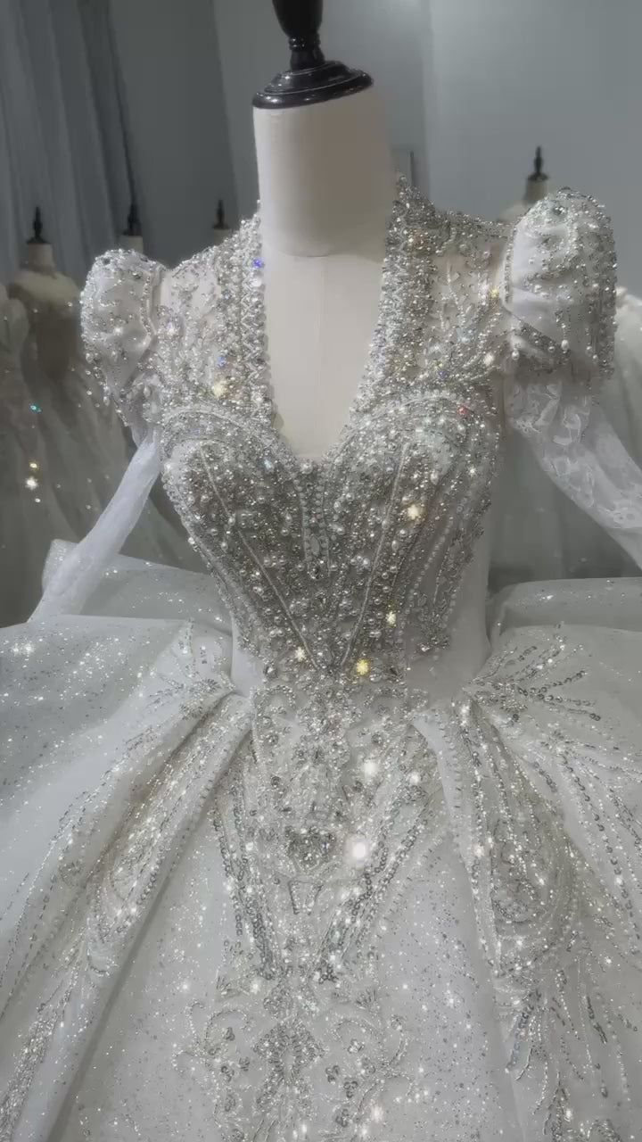 TW103 Vestido De Noiva Casamento Princesa Long Sleeve V-Neck Wedding Dress Lace Up Back Ball Gown Beading Crystal Bridal Dress