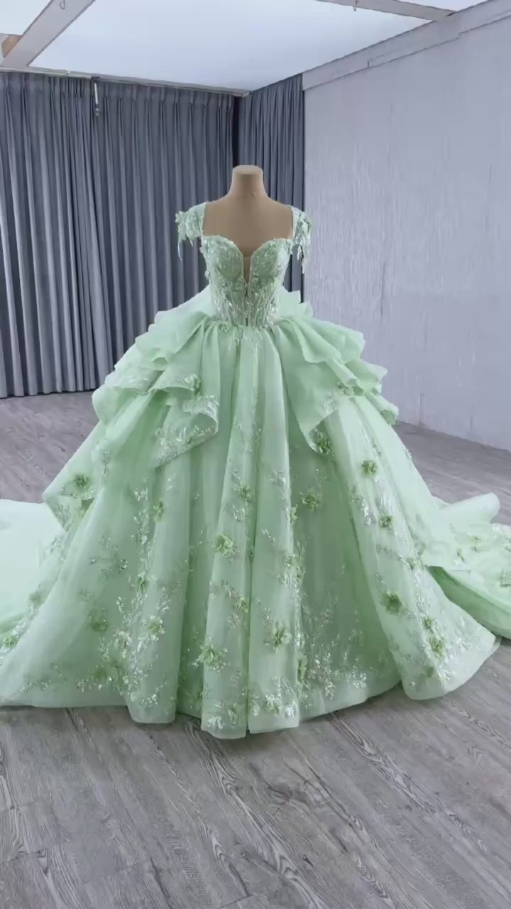 TW370 Quinceanera Dress Sweetheart Cap Sleeve Lace Up Back Appliques Sequined Embroidery Long Green Princess Quinceanera Dress
