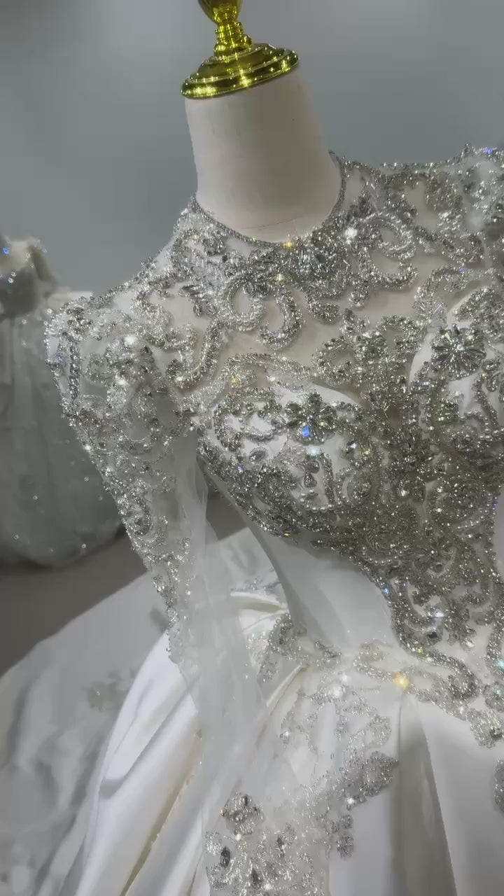 TW101 Satin Wedding Dress High Long sleeve Lace Up Back Customized Wedding Dress Beading Crystal 2025 New Bride Wedding Dresses