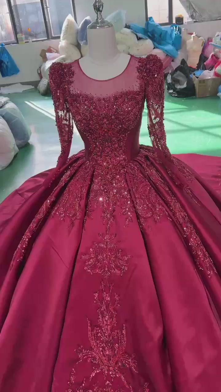 TW255 Women's Evening Dress Long Sleeve O-Neck Lace Up Keyhole Back Crystal Embroidery Beaded Red Long Dresses For Special Occasions