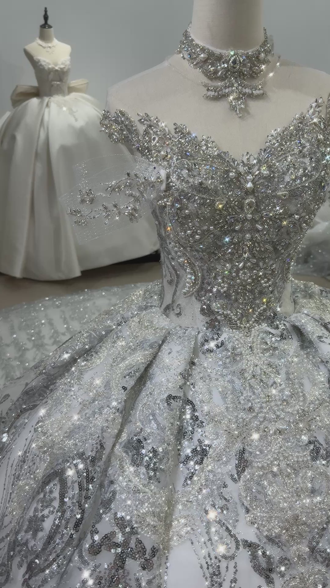 TW129 Luxury Silver Wedding Dress O-Neck Lace Up Keyhole Back Beading Crystal Embroidery Ball Gown Bridal Dress