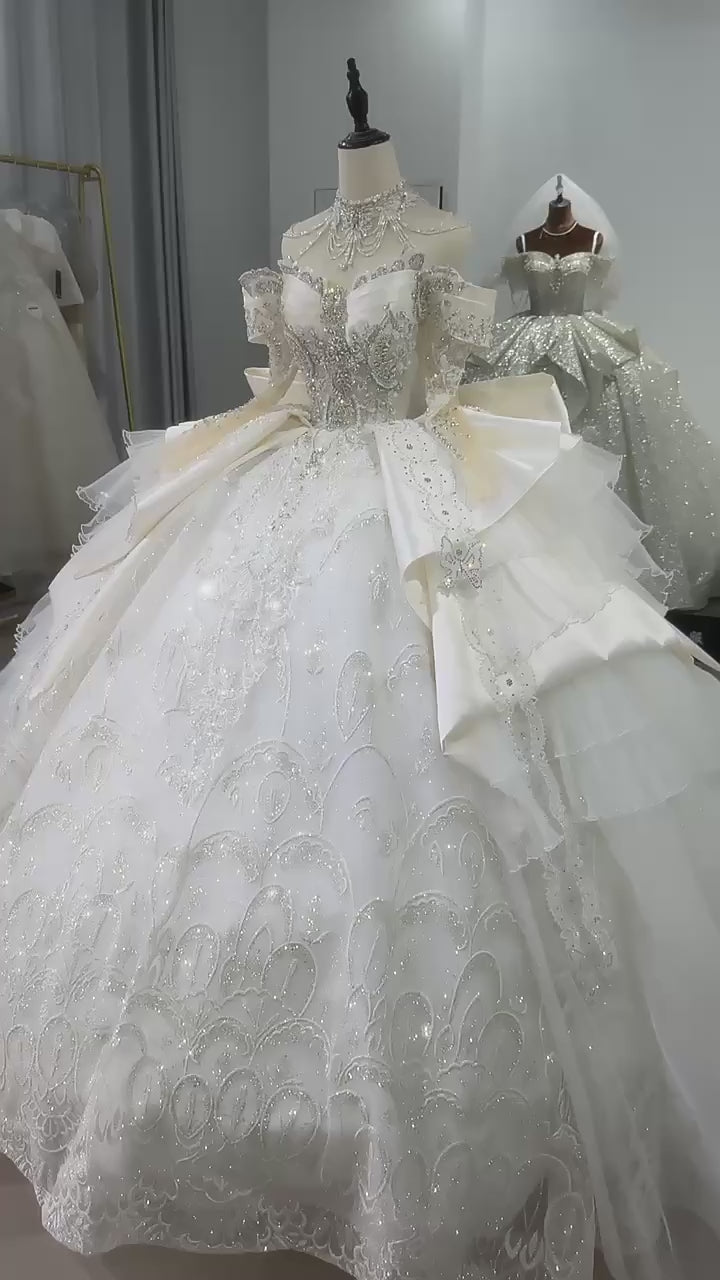 TW168 Vestido Casamento Long Sleeve Sweetheart Bow Wedding Dress Lace Up Back Ball Gown Sequined Beading Embroidery Bridal Dress