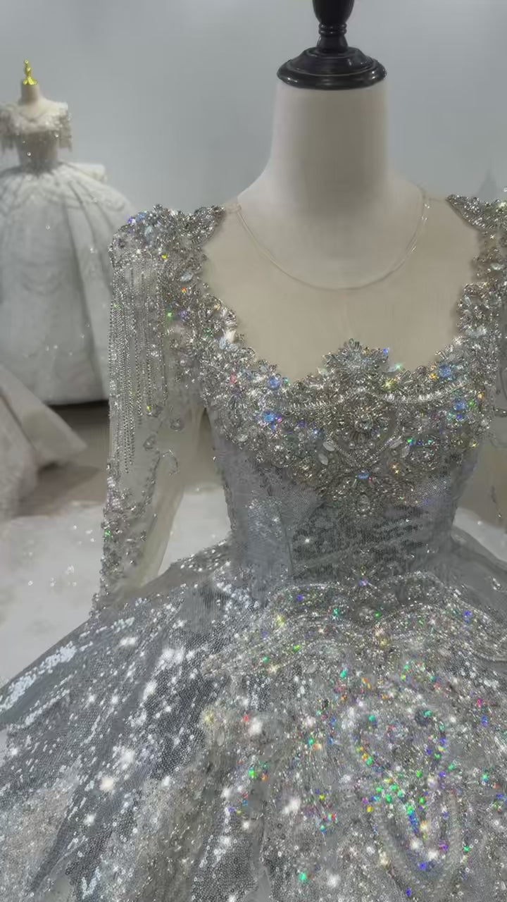 TW405 Modest Wedding Dresses Silver Long Sleeve Lace Up Back Crystal Vestito Da Matrimonio 2025