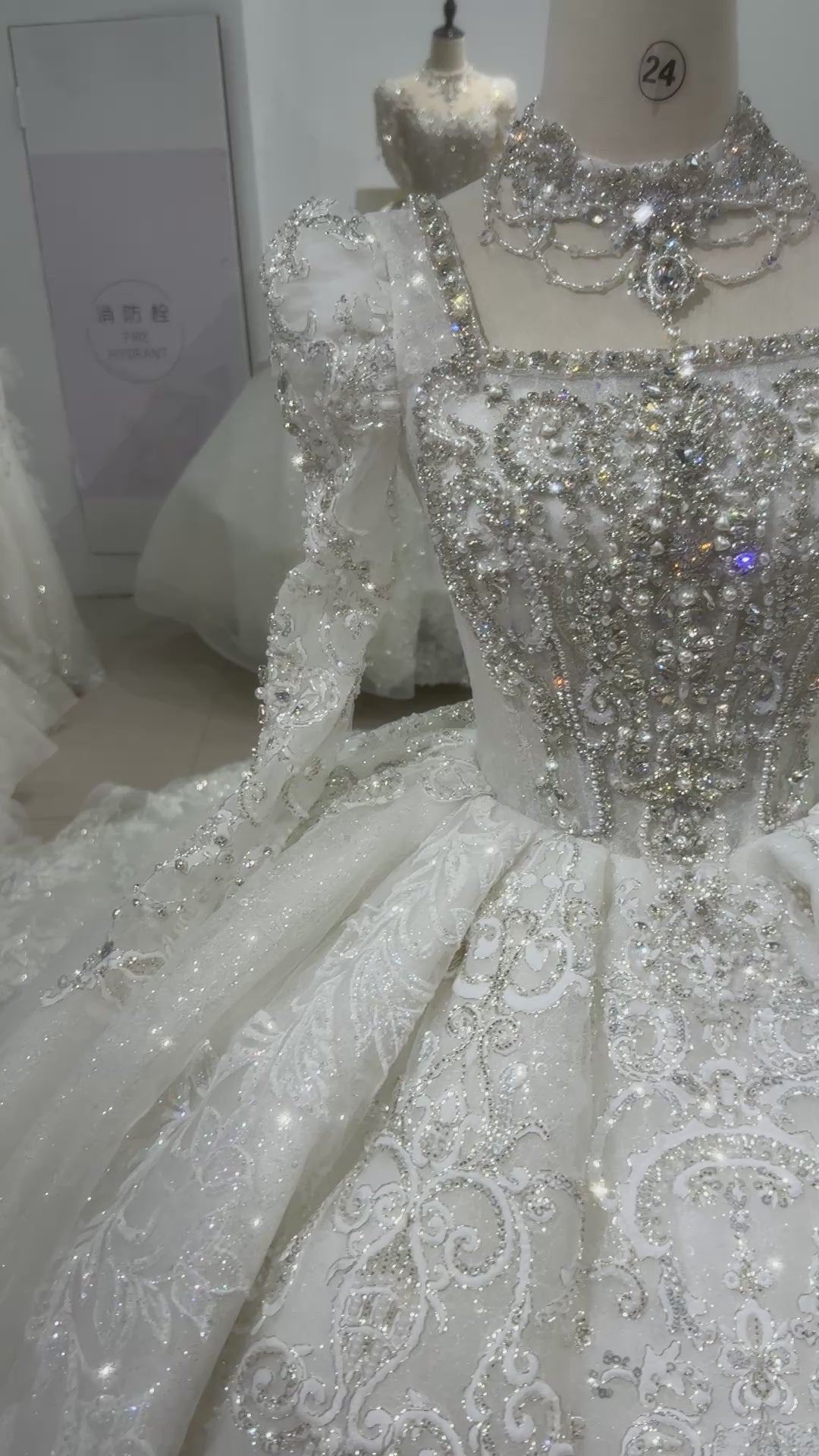 TW030 Corset Bridal Dress With Necklace Square Collar Lace Up Back Long Sleeve Beading Ball Gown Wedding Dress