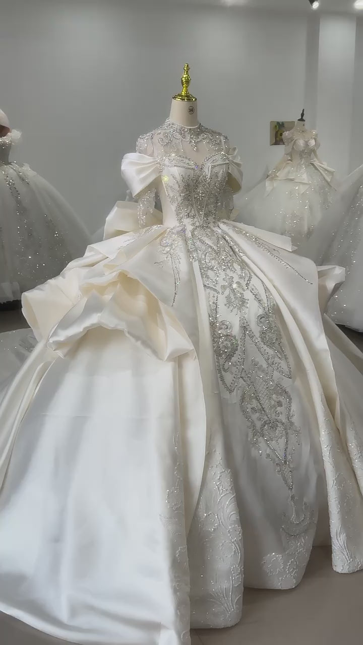 TW171 Robe De Mariée Civil Three Quarter Sleeve High Lace Up Back Bow Wedding Dress Beading Sequined Crystal Ball Gown Bridal Dress