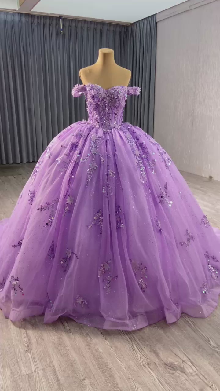 TW126 Vestidos De 15 Off Shoulder Sweetheart Appliques Sequined Lace Up Back Purple dresses for Luxury Party