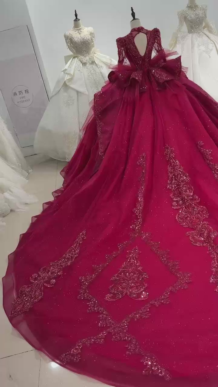 TW012 Lace Evening Dresses Luxury 2025 Long Sleeve Crystal Beaded Keyhole Back Red Long Dresses For Special Occasions