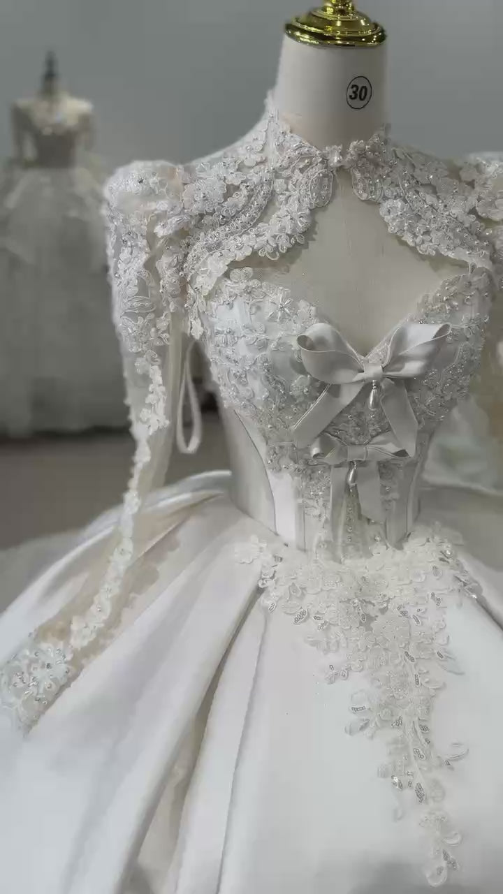 TW011 Robe Mariage Femme 3 Wear Bow Sweetheart Back Lace Up Ball Gown Satin Wedding Dress With Lace Jacket