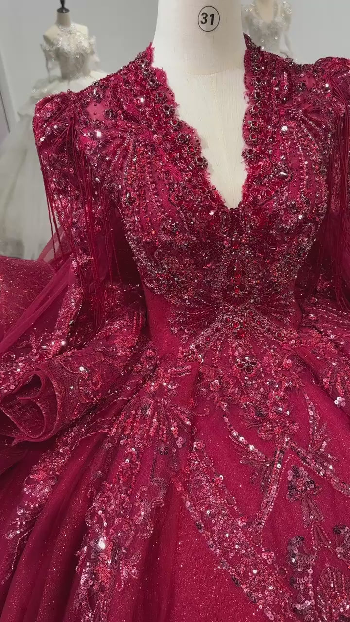 TW247 Evening Dress Luxury Scalloped Long Sleeve Crystal Embroidery Beaded Keyhole Back Red Ruffles Long Dresses For Special Occasions
