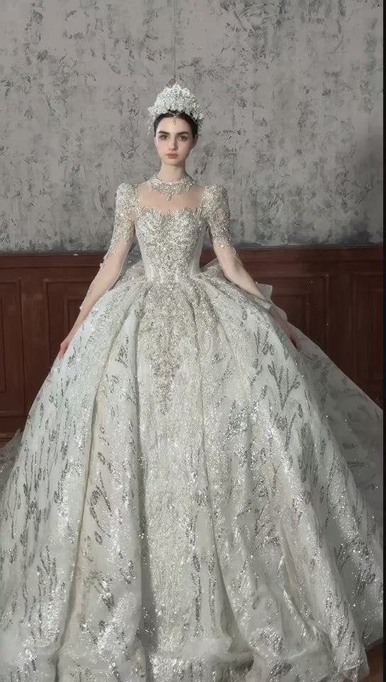 TW546 Women's Luxury Wedding Dress With High Long Sleeves Sequined Beading Ball Gown Customized Bridal Gown For Special Occasions
