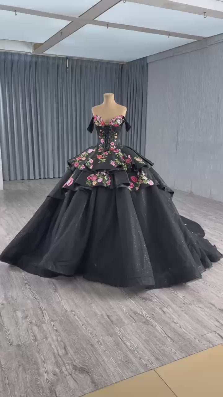 TW493 Vestidos De XV 15 Años Black Lace Flower Off Shoulder Lace Up Back Ball Gown Quinceanera Dress With Jacket