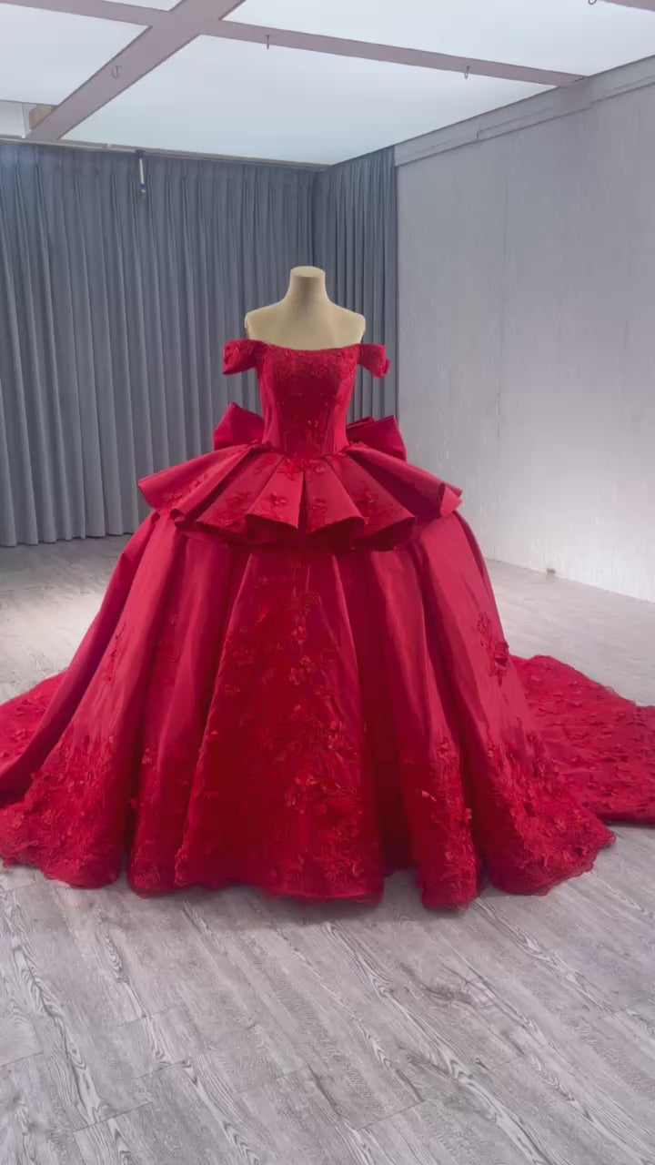 TW191 Vestidos Para Quinceañeras Luxury Off Shoulder Strapless Lace Up Back Red Flower Bow Long Dress For Special Occasions