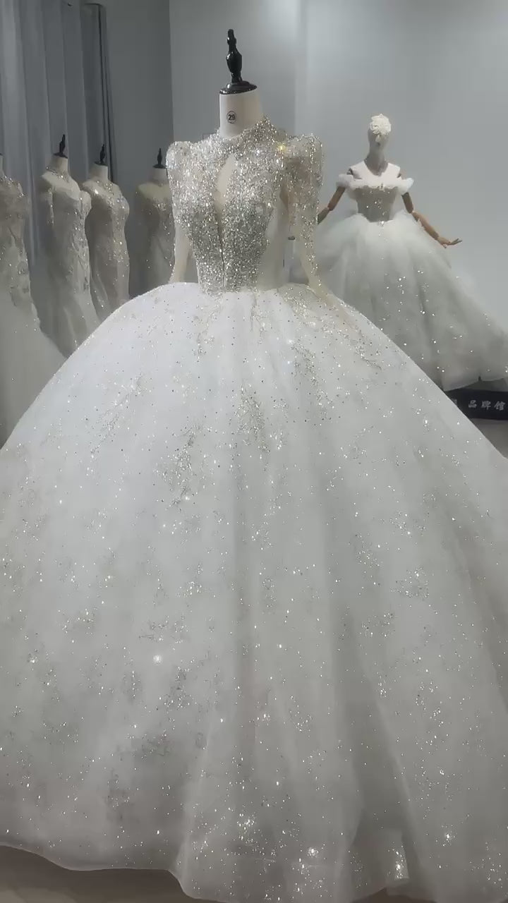 TW160 Wedding Dress High Neck Long Sleeve Lace Up Keyhole Back Wedding Dress Beading Sequins Star Ball Gown Bridal Dress