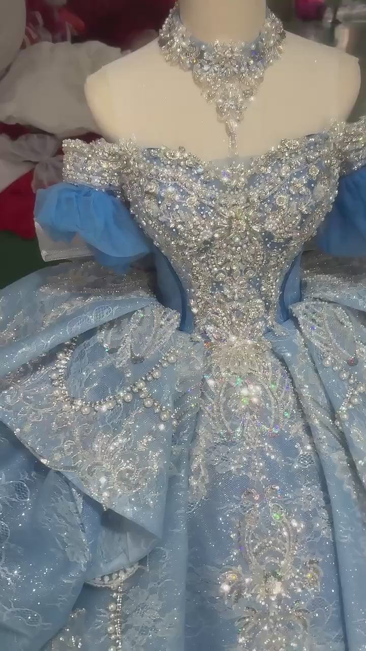 TW257 Luxury Prom Dress Sweetheart Off Shoulder Lace Up Back Bow Crystal Embroidery Beaded Blue Long Dresses For Special Occasions
