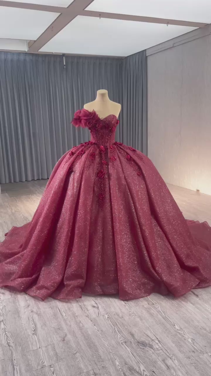TW193 Vestido Para Quinceañera Luxury One Shoulder Flower Lace Up Back Beading Red Glitter Long Evening Dress For Special Occasions