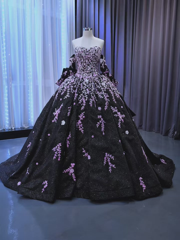 TW349 Vestidos Para Quinceañera Sweetheart Lace Up Back Beading Embroidery Bow Customized Black Luxury Long Dress