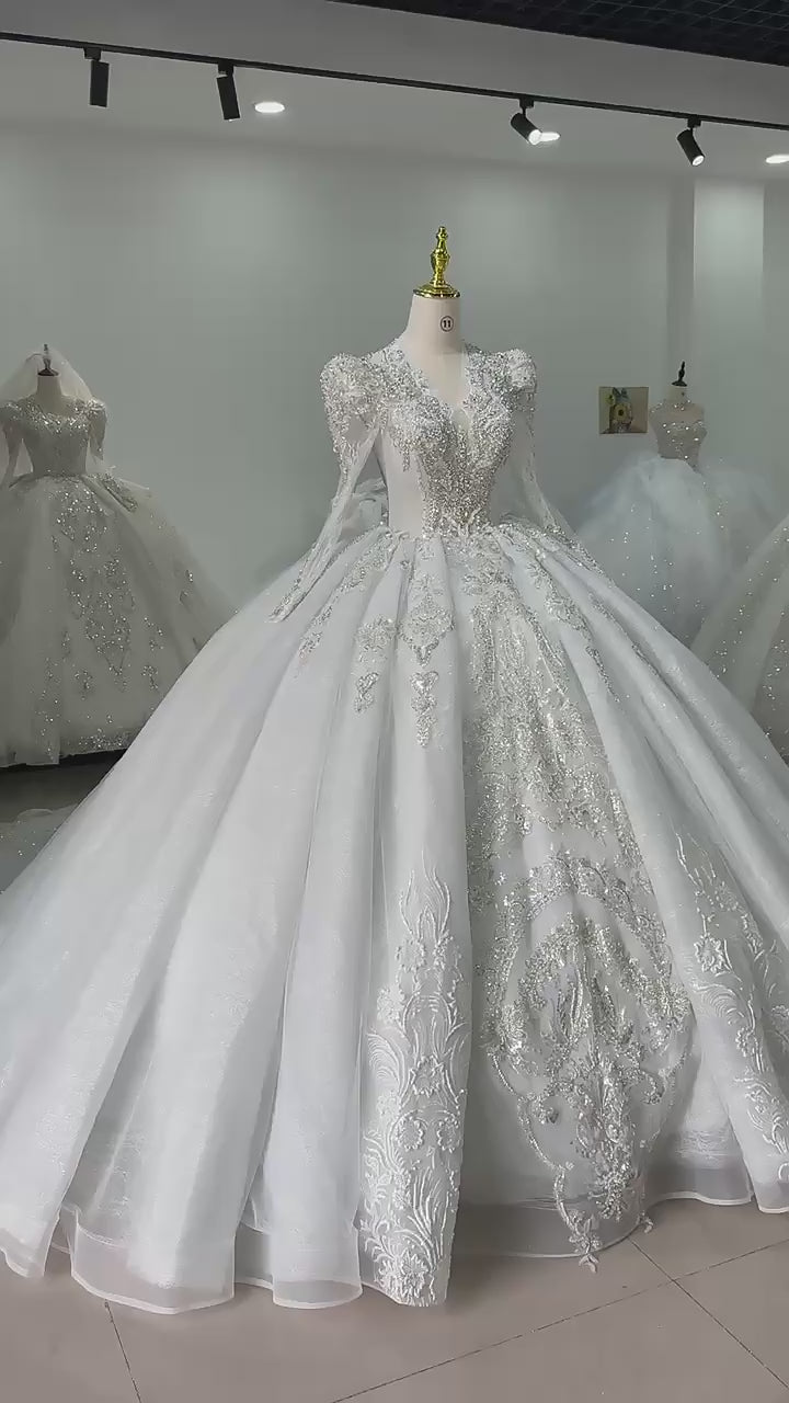 TW176 Vestido Para Boda Civil Ball Gown Wedding Dress V-Neck Long Sleeve Lace Up Back Beading Sequined Elegant Wedding Dress