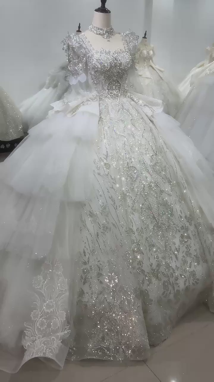 TW169 Wedding Dress For Bride 2025 Long Sleeve Square Collar Lace Up Back Ball Gown Sequins Beading Crystal Bridal Dress