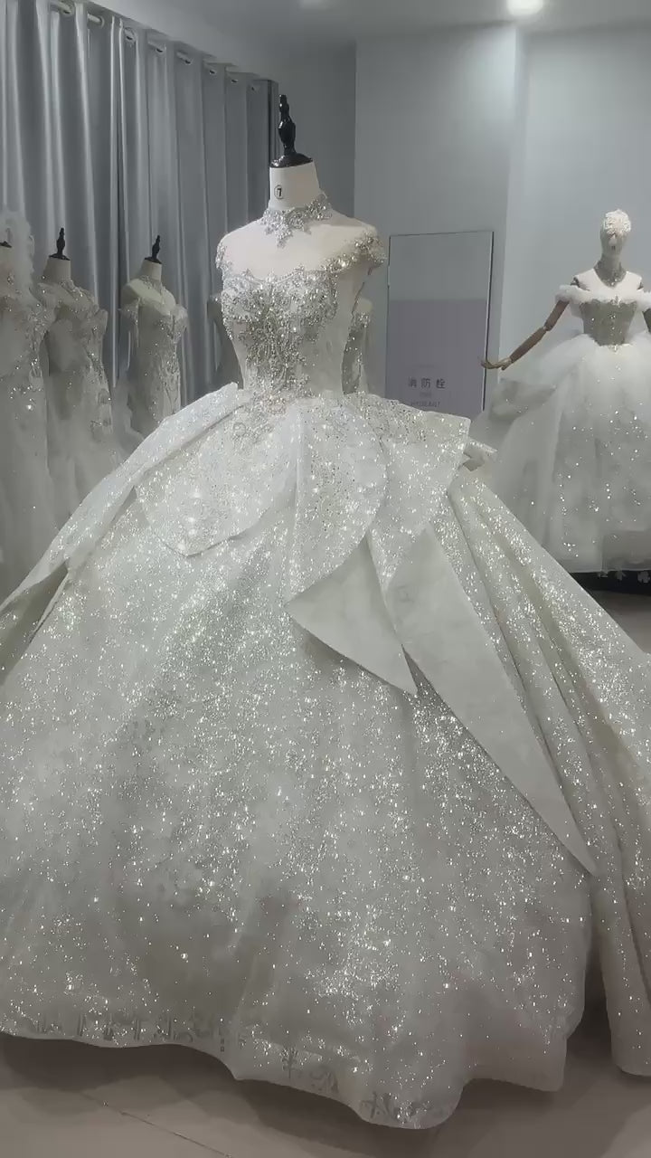 TW161 Vestido Casamento 2025 Cap Sleeve O-Neck Lace Up Back Wedding Dress Beading Sequined Star Crystal Ball Gown Luxury Bridal Dress