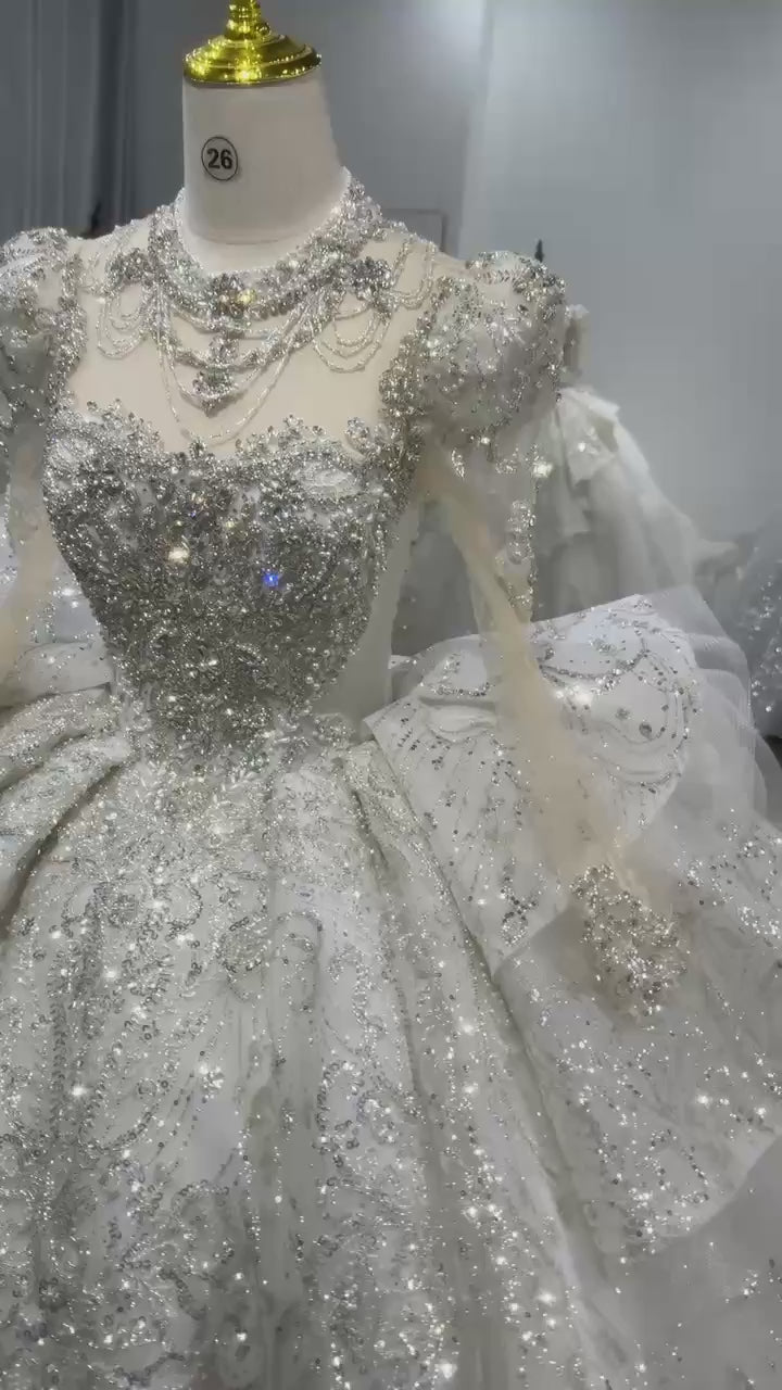 TW108 Suknia ślubna 2025 Long Sleeve High Neck Wedding Dress Lace Up Back Ball Gown Embroidery Beading Crystal Bridal Dress