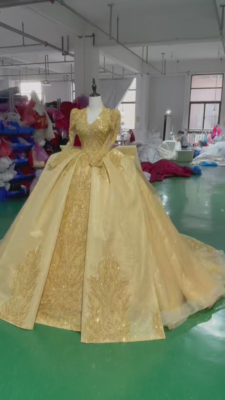 TW506 Elegant V-Neck Evening Dress 2025 Long Sleeve Lace-Up Back Sequined Beading Yellow Ball Gown For Women Party Wear