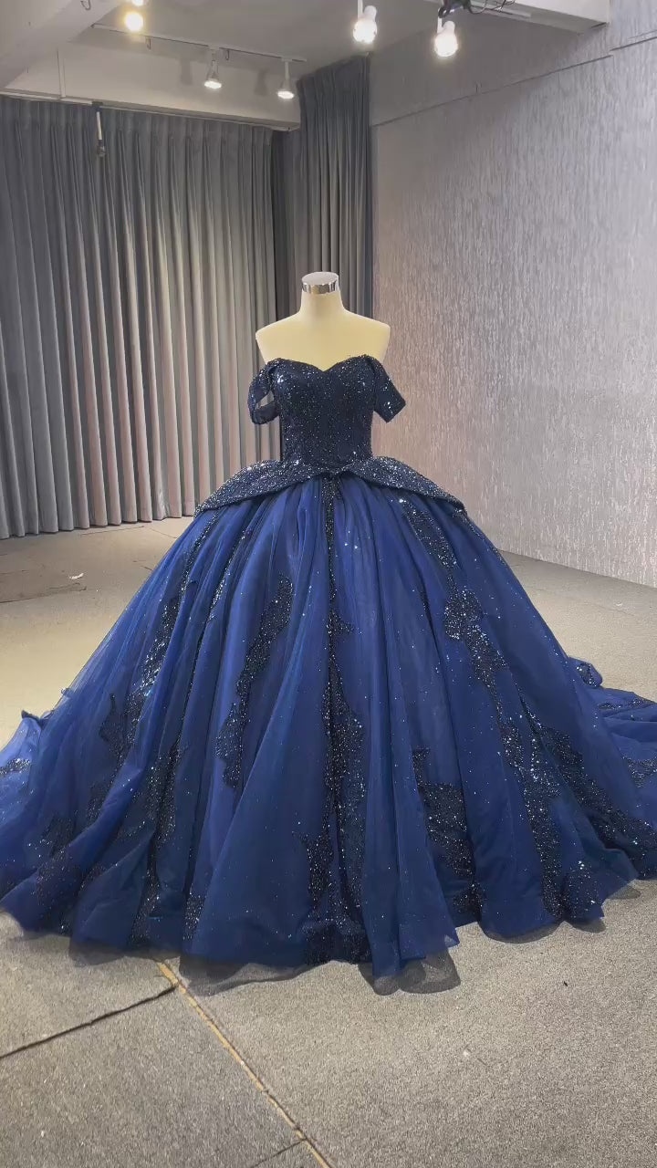 TW557 Customizable Blue Off-Shoulder Sweetheart Quinceañera Dress Lace-Up Back Beaded Sequined Embroidery 15th Birthday Prom Gown