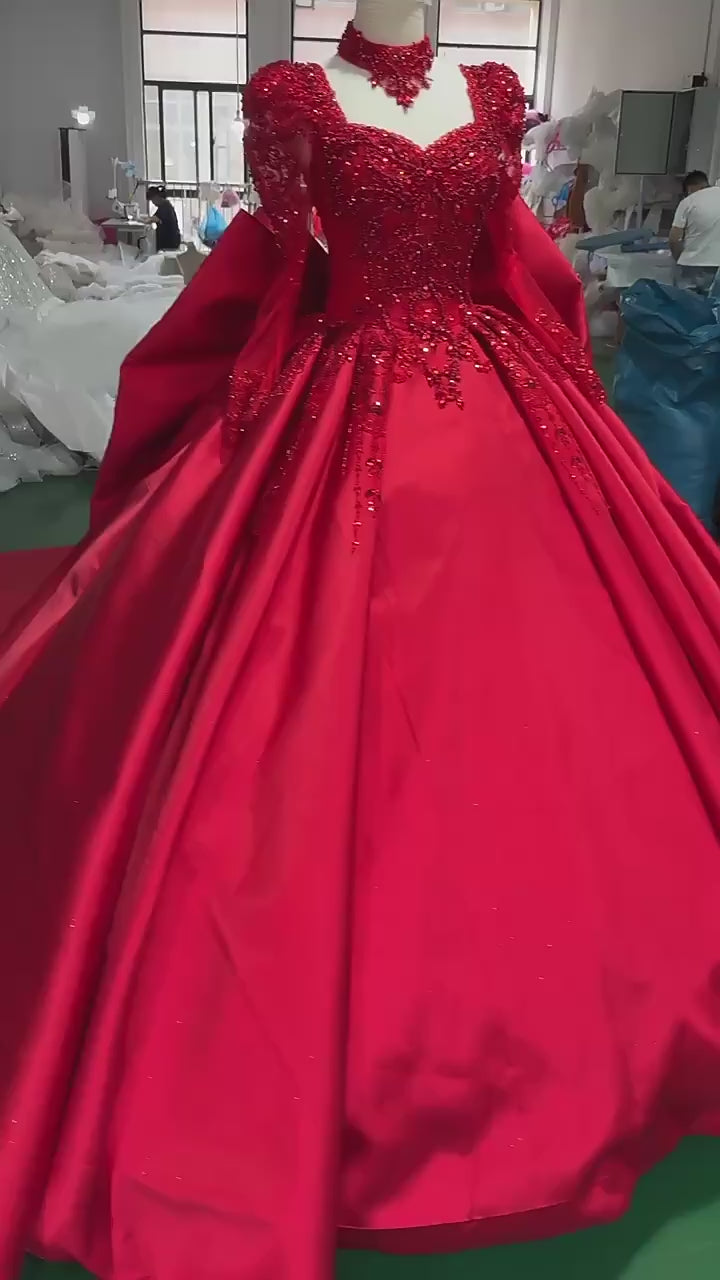 TW261 Robe De Soiree Sweetheart Long Sleeve Lace Up Back Luxury Evening Dress Bow Crystal Embroidery Beading Red Long Dress Customized