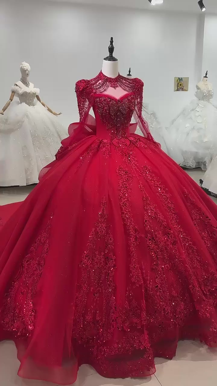 TW249 Women's Evening Dress High Long Sleeve Keyhole Back Crystal Embroidery Beaded Bow Red Long Dresses For Special Occasions