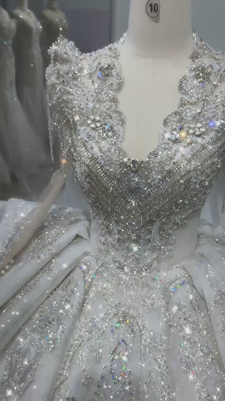 TW149 Vestido De Casamento Noiva Long Sleeve Scalloped V Neck Wedding Dress Lace Up Back Beading Crystal Ball Gown Bridal Dress