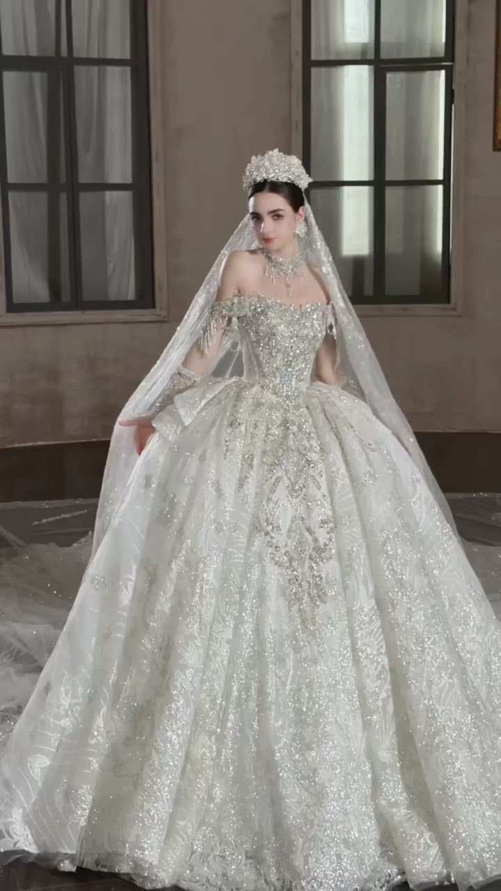 TW548 Luxury Off-Shoulder Beaded Sequined Ball Gown Wedding Dress Sweetheart Customized Bridal Gown For Brides