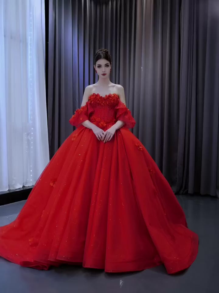 TW285 Vestido De Quinceañeras 2025 Sweetheart Detachable Sleeve Lace Up Back Beading Sequined Appliques Customized Red Long Dress