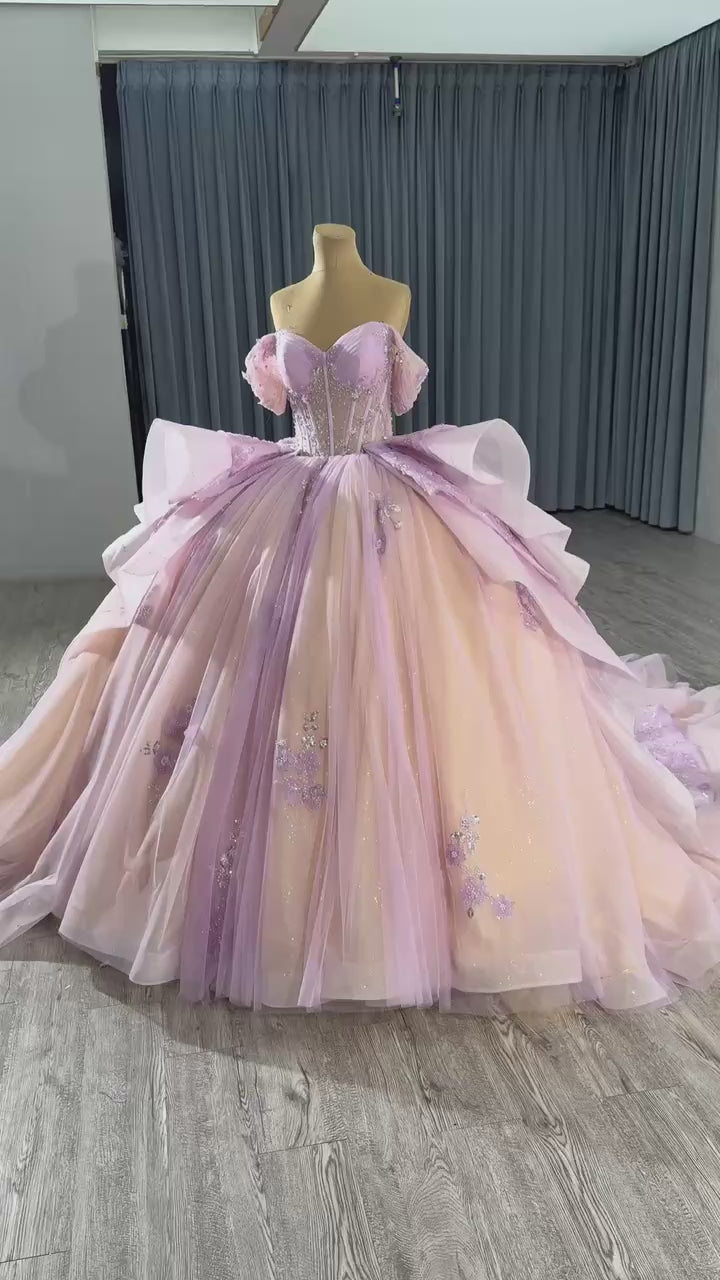 TW125 Vestido De 15 Luxury XV Off Shoulder Sweetheart Appliques Lace Up Back Beading Pink Purple Long Dress For Special Occasions