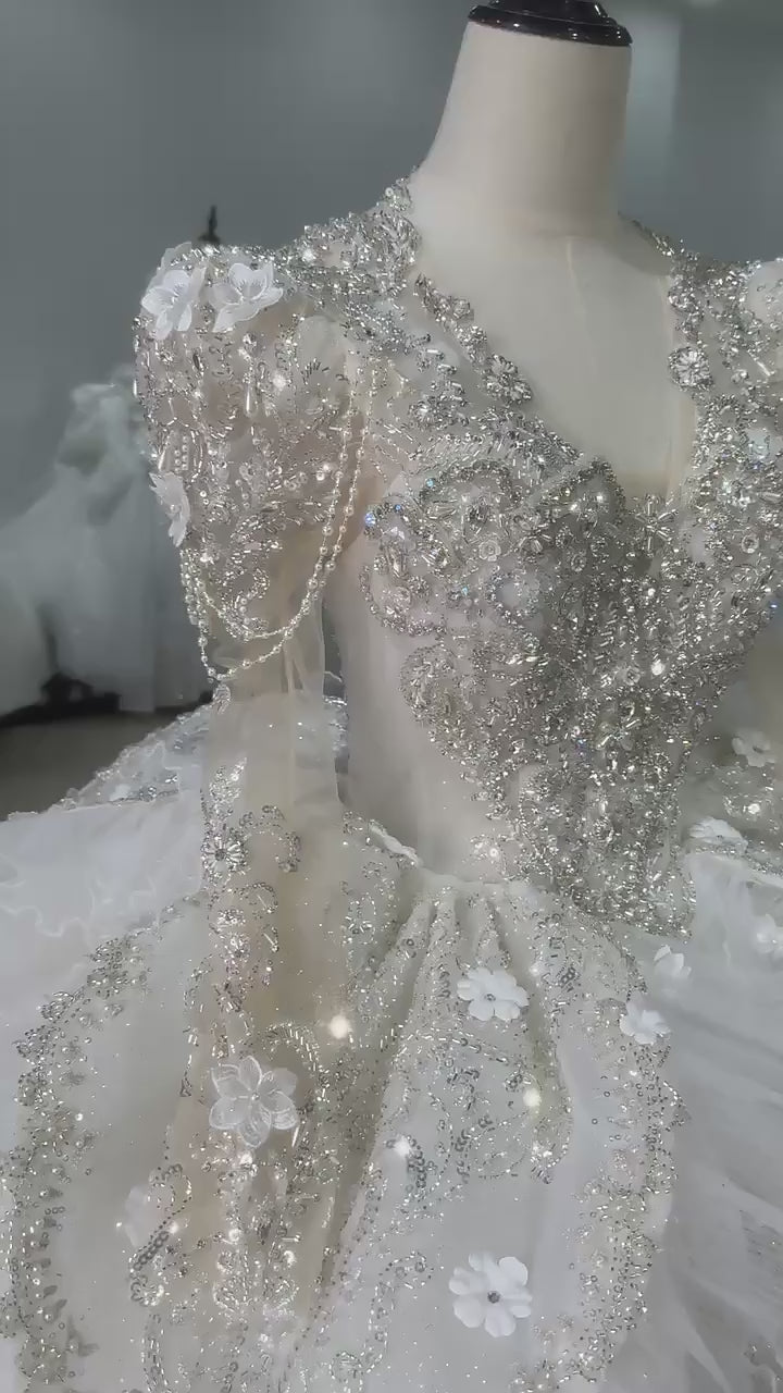 TW178 Vestidos Boda V-Neck Long Sleeve Wedding Dress Lace Up Keyhole Back Beading Crystal Ball Gown Bridal Dress