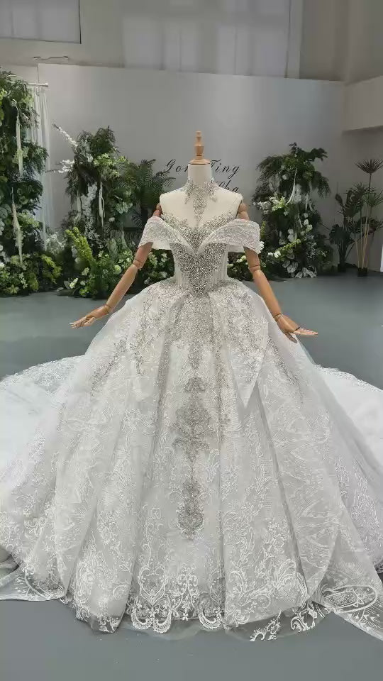 Crystal lace off the shoulder wedding dress