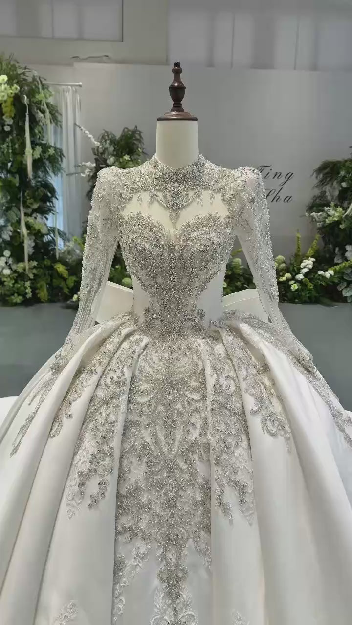 Luxury crystal long sleeve satin ball gown wedding dress