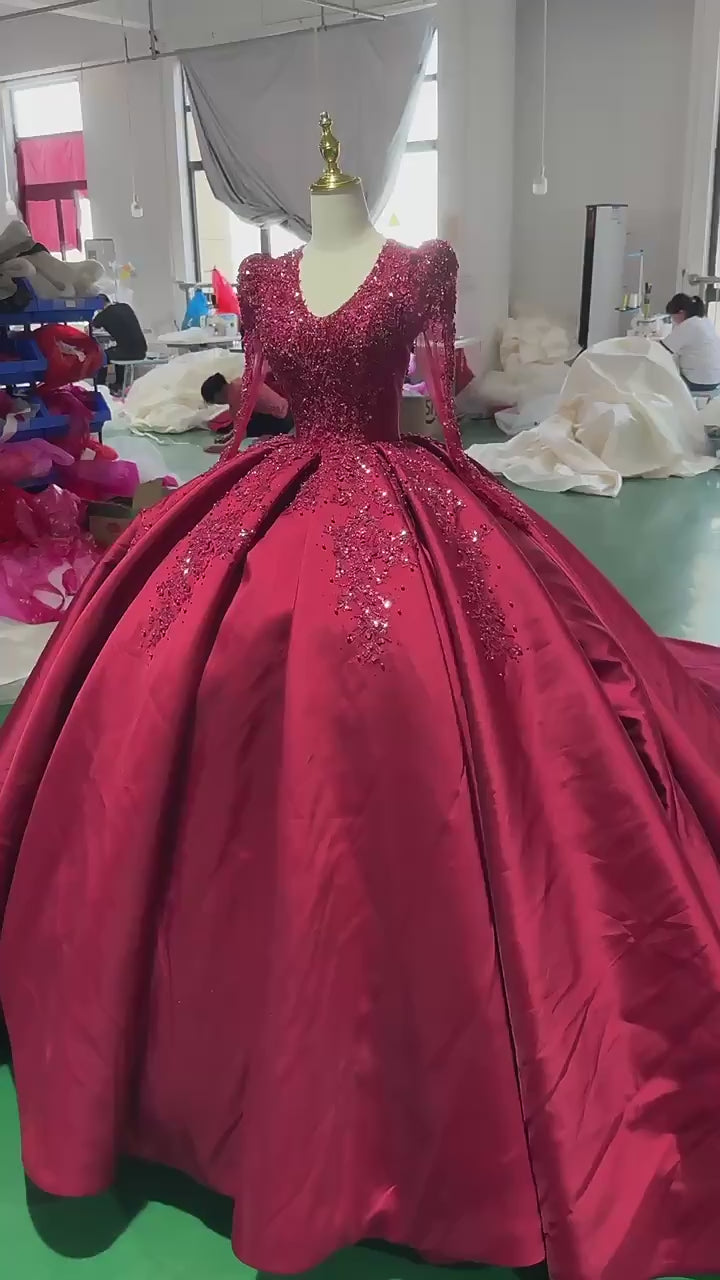 TW258 Luxurious Evening Dresses V-Neck Long Sleeve Lace Up Keyhole Back Crystal Embroidery Beaded Red Long Dresses Customized