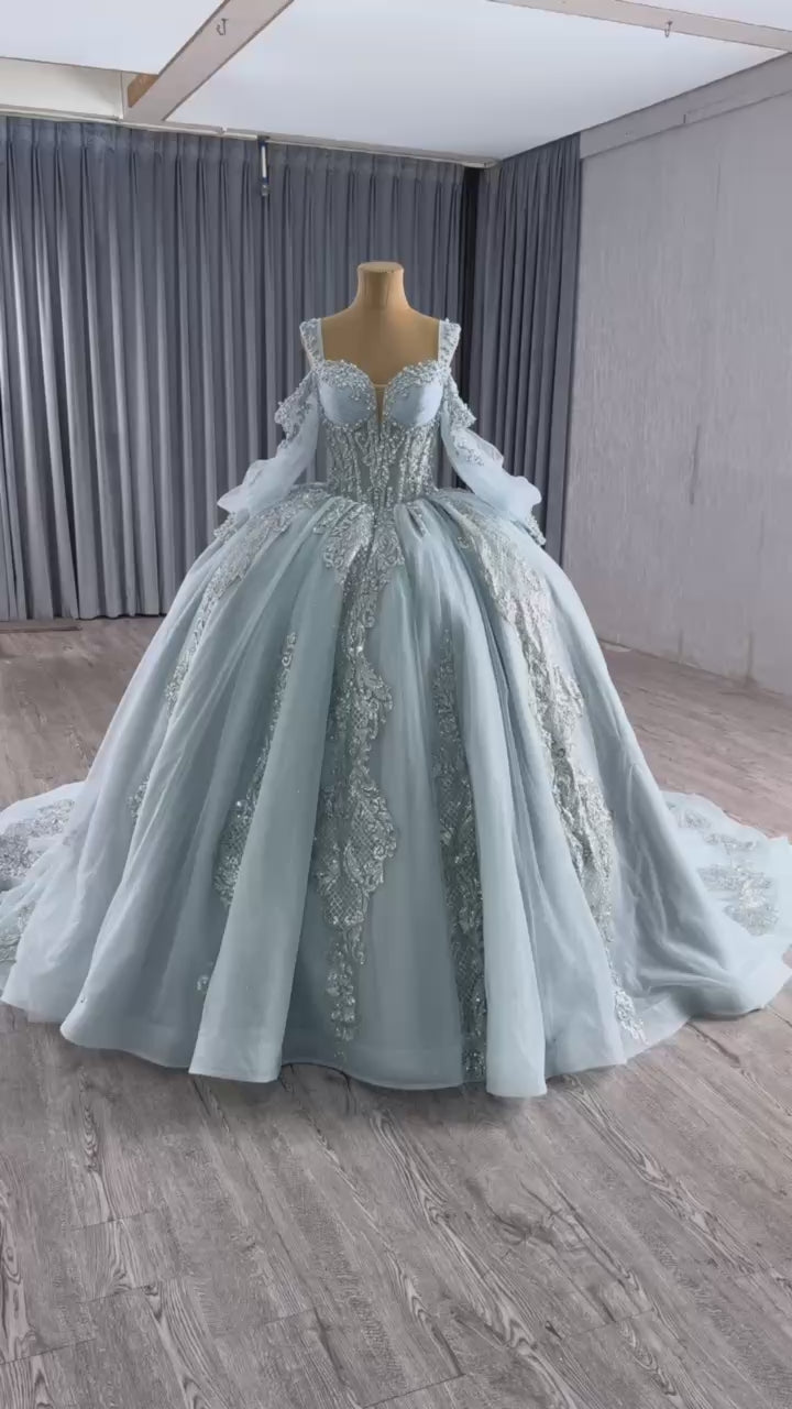 TW312 Vestidos De 15 Años Quinceañeras 2025 Sweetheart Appliques Lace Long Silver Princess Quinceanera Dress