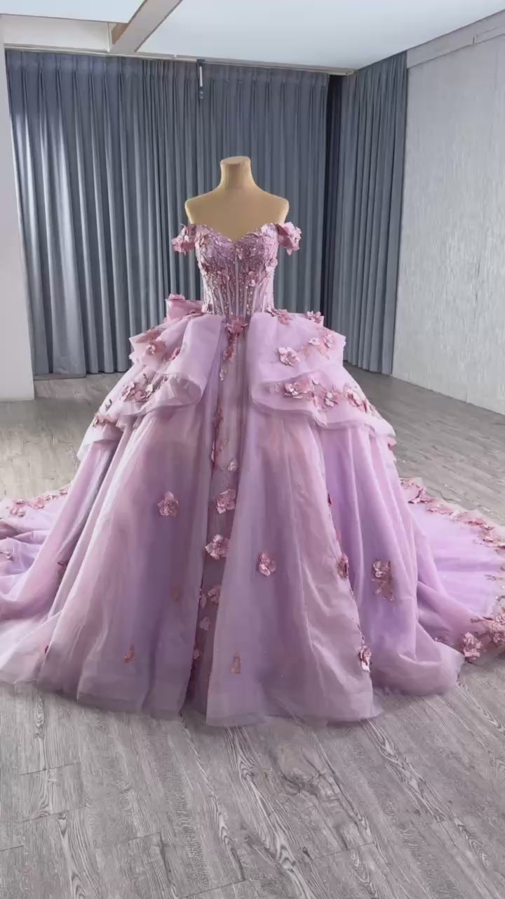 TW096 Vestidos De 15 Años Quinceañera Sweetheart Off Shoulder Bow Appliques Lace Up Back Purple Dress For Special Occasions
