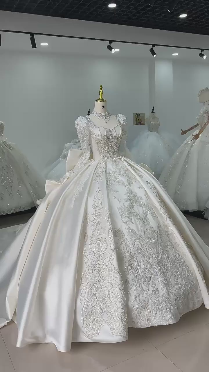 TW177 Vestido Casamento Noiva Civil Ball Gown Square Collar Long Sleeve Lace Up Back Beading Crystal Bow Customized Wedding Dress