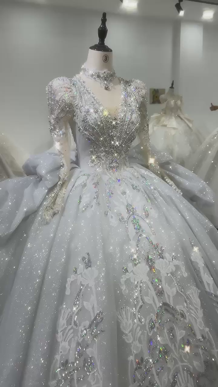 TW174 Vestido De Noiva Casamento Cívil V-Neck Long Sleeve Lace Up Keyhole Back Beading Embroidery Wedding Dress Ball Gown Bridal Dress