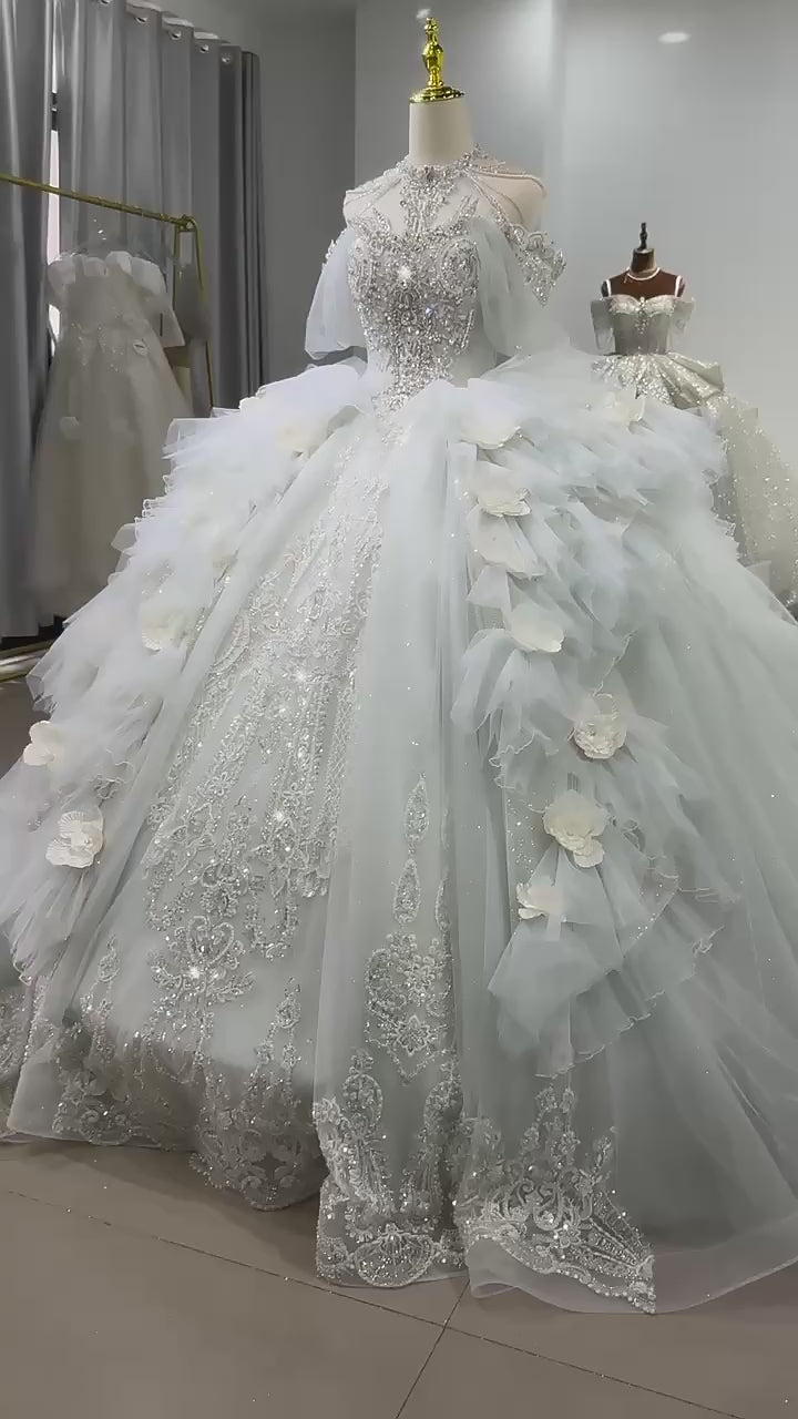 TW170 Brautkleider High Off Shoulder Lace Up Back Wedding Dress Embroidery Beading Sequined Crystal Ball Gown Customized Bridal Dress