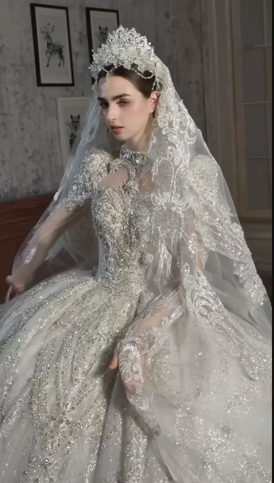 TW545 Luxury High Long Sleeve Lace Wedding Dress Beading Sequined Brides Customizable